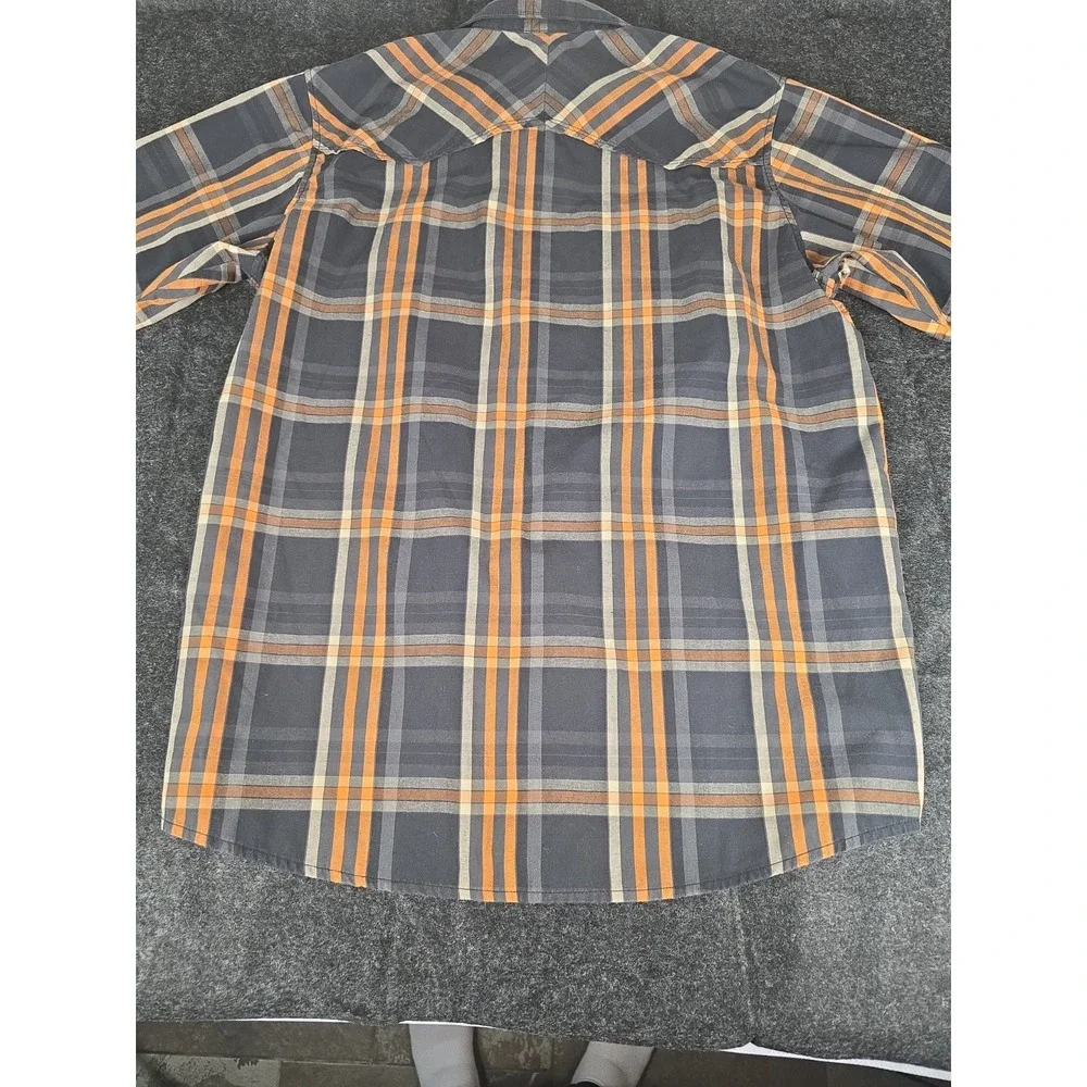 The North Face Pearl Snap Short Sleeve Button Up Black Gray Orange Plaid Shirt M